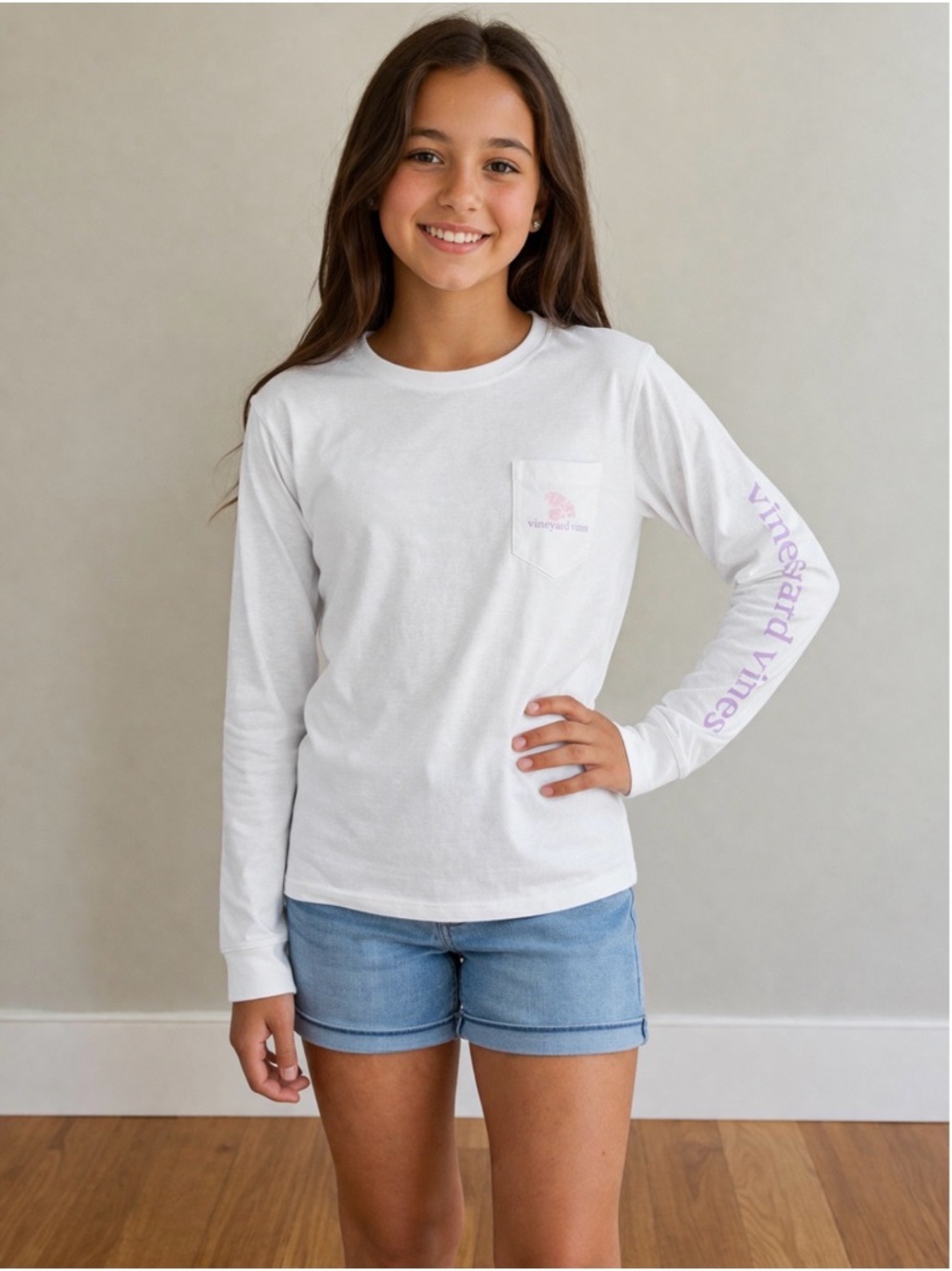 Vineyard Vines White Long-Sleeve Pocket Tee with Lavender Sleeve Logo